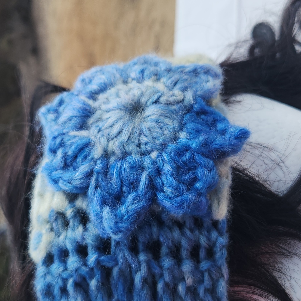 Handmade Blue and Cream Crochet Headband Ear Warmer with Flower